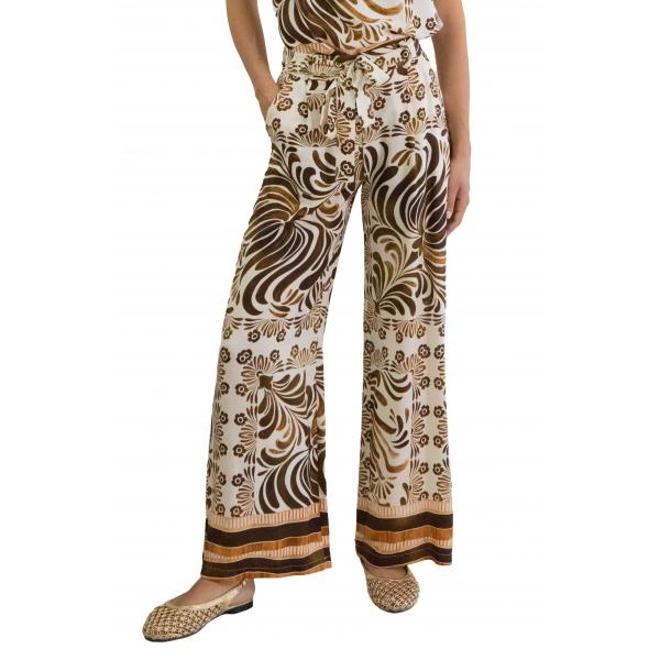Pantalone  palazzo in viscosa con fascia fantasia 
